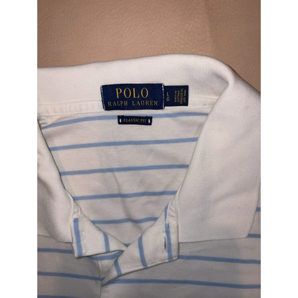 Polo Ralph Lauren Polo Shirt White Blue  Striped Large Flesh Pony Classic Fit